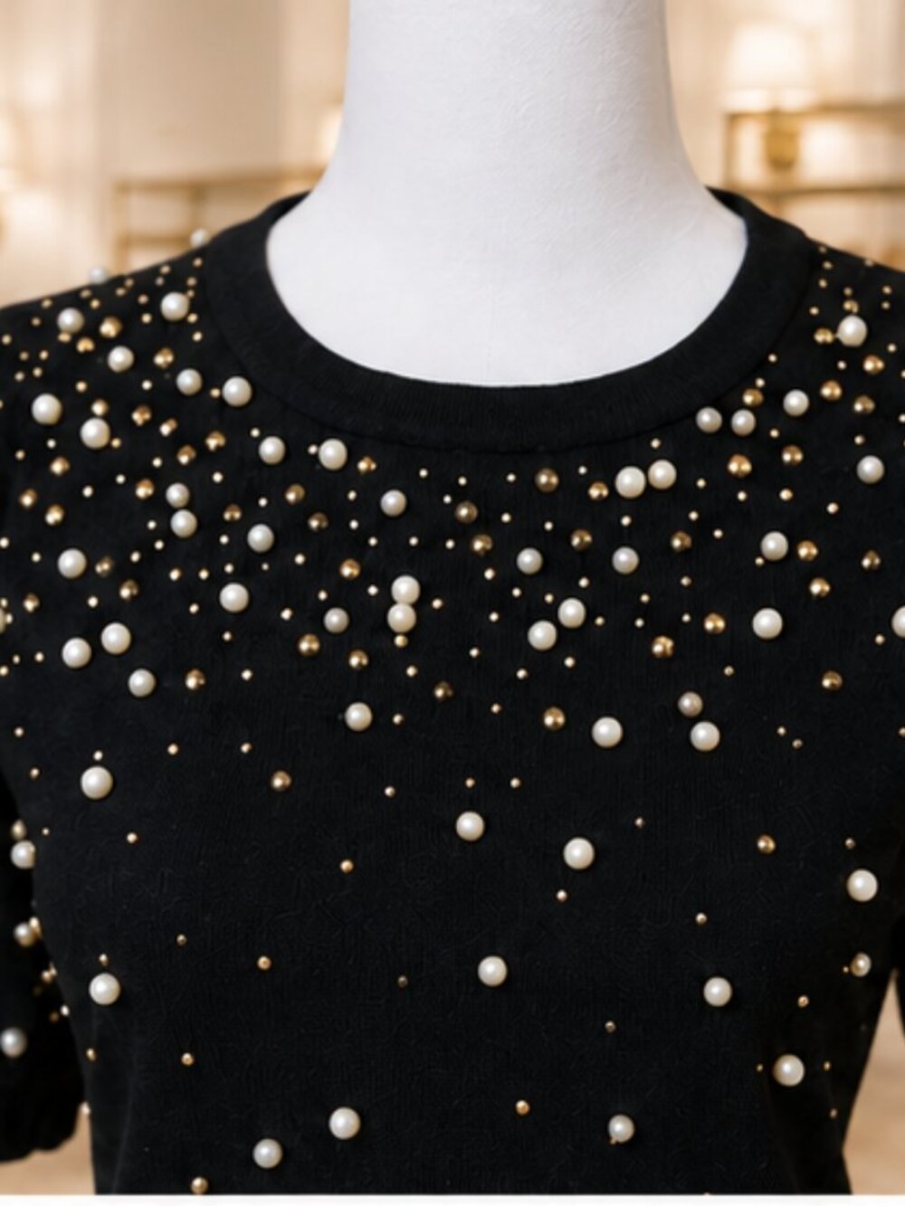 Adrianna Papell Black Pearl-Embellished Puff Sleeve Sweater, size L - Picture 3 of 7